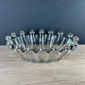 Unique Art Deco Antique Floral Silver Overlay Glass Scalloped Bowl Dish 11" W